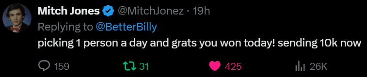 MitchJonez's tweet photo. LIVE IN 20 MIN, 50k giveaway: https://t.co/9AQxtzAh31 

20k giveaway: https://t.co/Rjw5RiHESv 

Code mitchjones for best rewards in gamba: https://t.co/iYNlAmN3QZ 

600K wager leaderboard for June: https://t.co/AI9weIVfhj

guy below is the first $10,000 X winner! 4 to go https://t.co/Aq0b1x8xG6