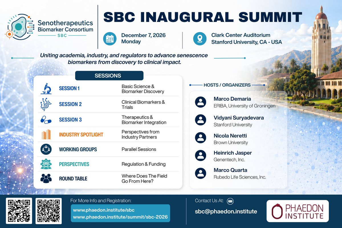 PhaedonInstitut's tweet photo. We are pleased to announce the Senotherapeutics Biomarker Consortium (SBC) Inaugural Summit, taking place on December 7, 2026 at the Clark Center Auditorium, Stanford University.

Registration is now open: https://t.co/aJ5SCgLunu

#PhaedonInstitute #SBC2026 #Senescence #Longevity https://t.co/je2TBAux8Q