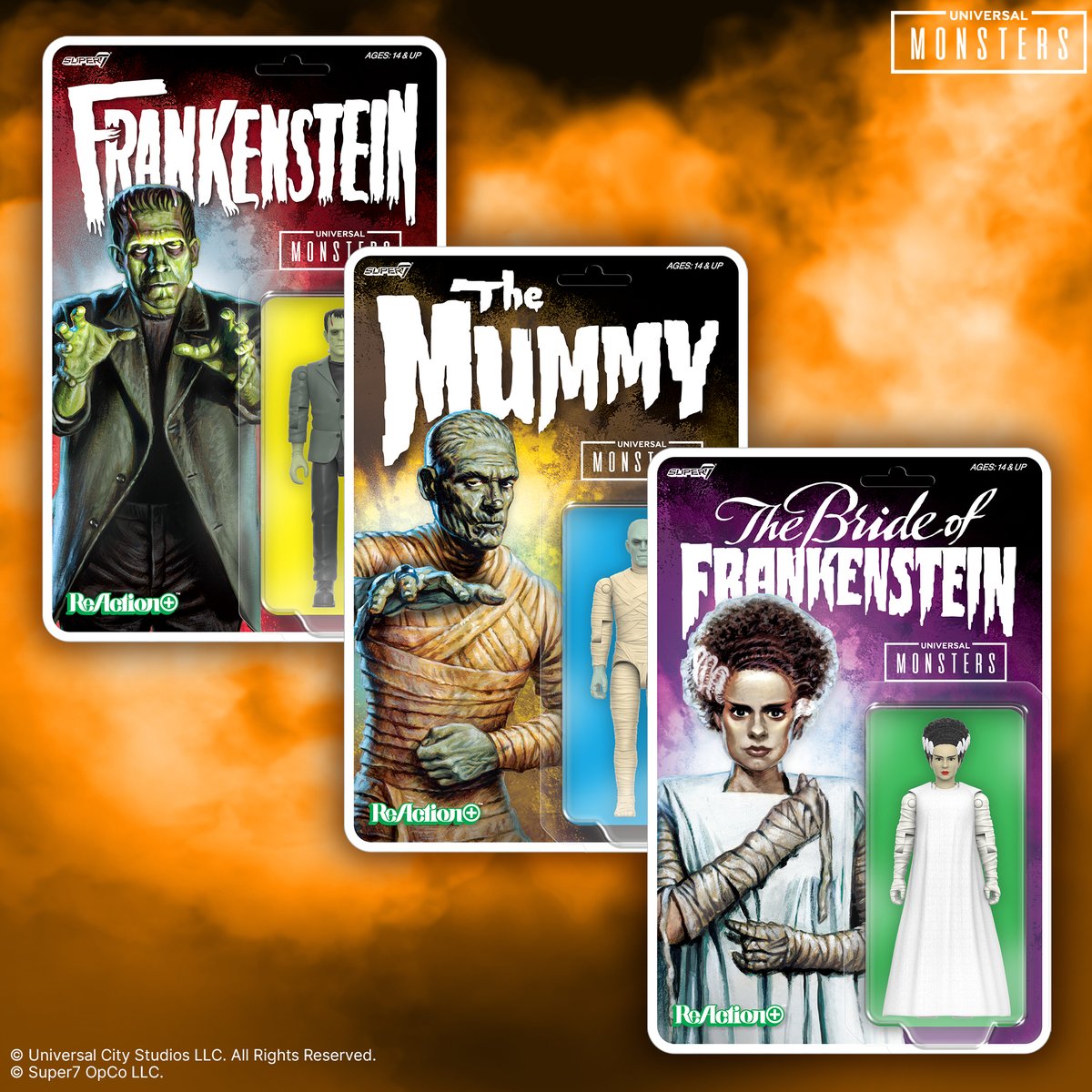 super7store's tweet photo. Real monsters don’t hide under the bed. These Universal Monster ReAction+ Figures are the real deal—out and about and ready for your collection. Hurry to catch The Bride of Frankenstein, Frankenstein, and The Mummy. Available now at https://t.co/4d9kFA3bDt! #Super7 https://t.co/kEn2oZxCKg