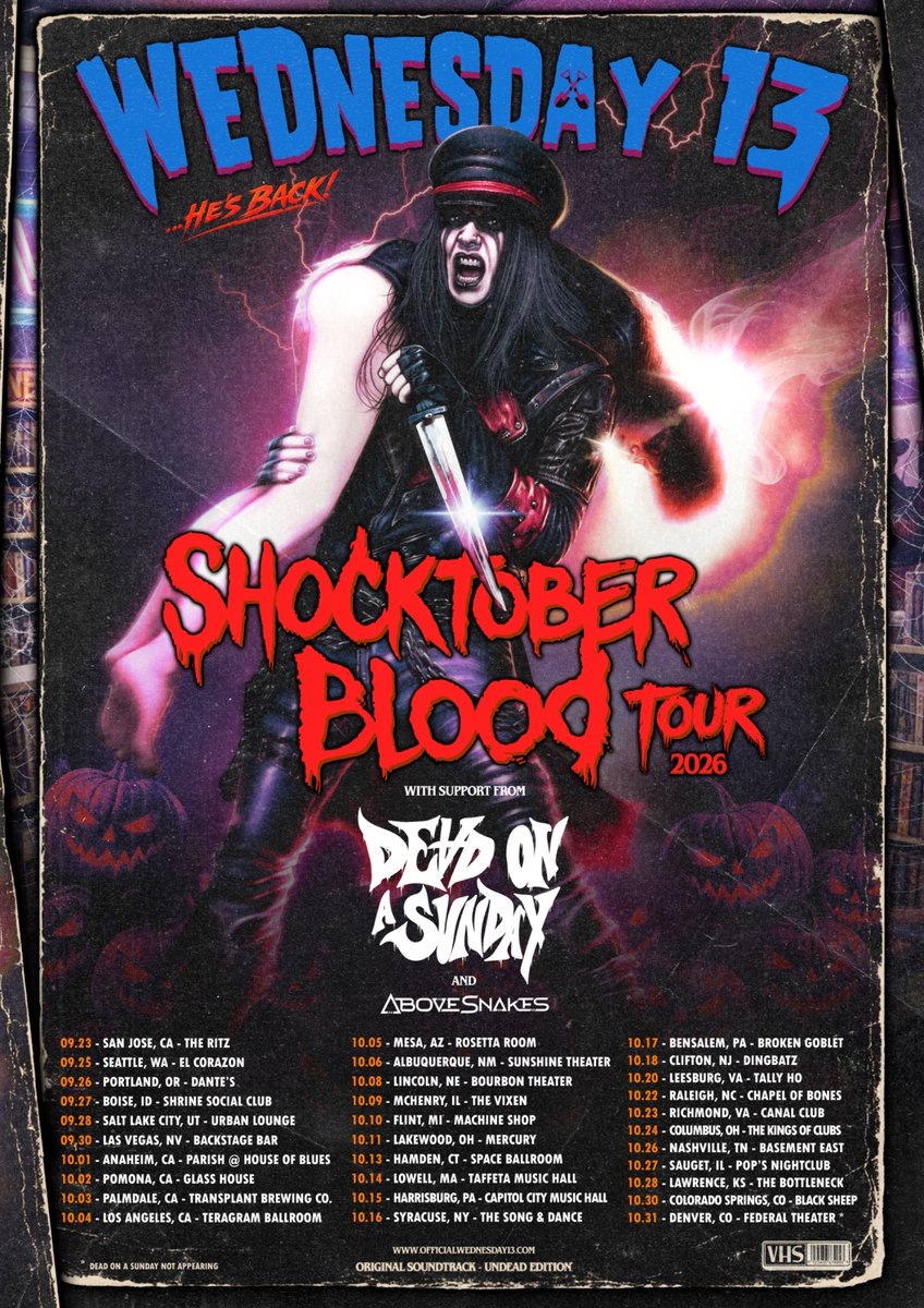 officialwed13's tweet photo. Wednesday 13 Shocktober Blood 🩸 USA tour!! 

‼️Tickets and VIPs on Sale NOW!‼️

31 shows across the USA 🇺🇸 

VIP Up-Graves here:
https://t.co/GfYUMx8x7P https://t.co/dSUTi8ZQVq