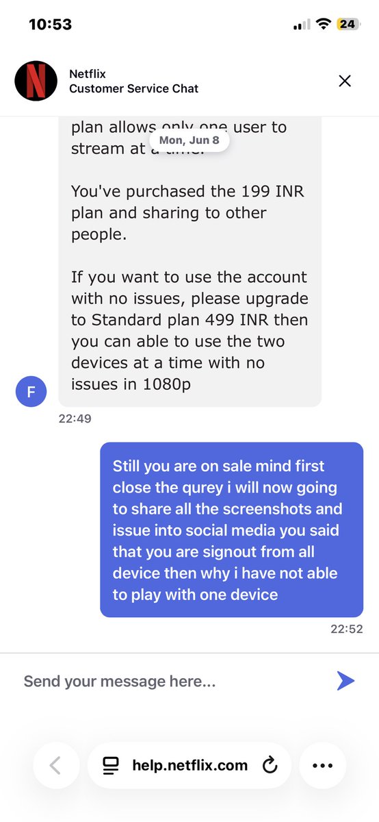 Avinashclassy's tweet photo. Bad experience with Netflix @netflix @NetflixIndia Still you are on sale mind first close the qurey i will now going to share all the screenshots and issue into social media you said that you are signout from all device then why i have not able to play with one device https://t.co/SwOW9QuKpH