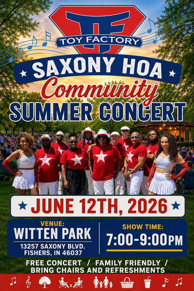 Saxonyindiana's tweet photo. Fun &amp; Music return to Witten Park on Friday, June 12th with Toy Factory! Bring your chairs, refreshments, and your dancin' shoes for Indy's hottest party in the park brought to you by Saxony HOA! #partyinthepark #livelocalmusic #toyfactorylive #saxonyindiana https://t.co/b5dmwvAcE3