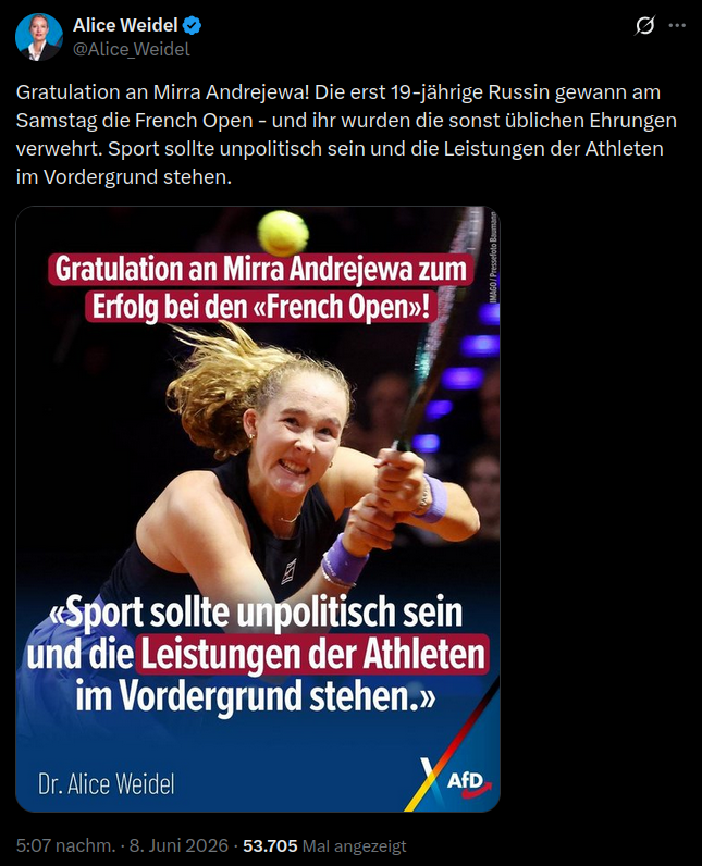DerGraslutscher's tweet photo. Der erste Grand Slam Titel für einen Deutschen seit 1996 und die AfD-Tante bejubelt lieber die Russin. Die singt im Stadion bestimmt auch die russische Hymne und freut sich, wenn die DFB-Elf im Achtelfinale ausscheidet. https://t.co/NkDIiAe4nH
