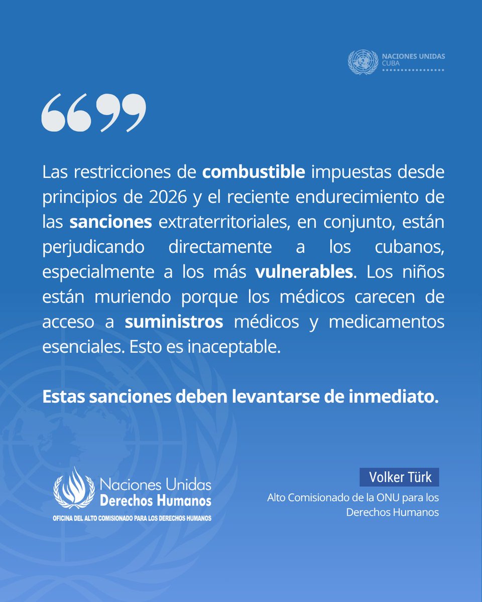 ONU_Cuba's tweet photo. 📌@volker_turk , Alto Comisionado @UNHumanRights :  el reforzamiento de las sanciones contra Cuba está poniendo vidas en peligro. 

👇Impacto medidas coercitivas y restricciones en operaciones obstaculiza trabajo humanitario, incluido el de agencias #ONU
 
https://t.co/DITYnOO3sM https://t.co/aVQeRHtdql