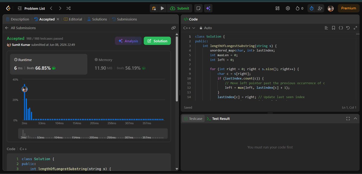AIDev_Sumit's tweet photo. Day 8/45 of the #SDESheetChallenge 🚀

Solved 3 important problems today:

✅ Largest Subarray with Sum K
✅ Count Subarrays with XOR = K
✅ Longest Substring Without Repeating Characters
#DSA #LeetCode #Coding #CPP #InterviewPrep #100DaysOfCode #StriverSDEsheet #ProblemSolving https://t.co/jZngxnAq0a