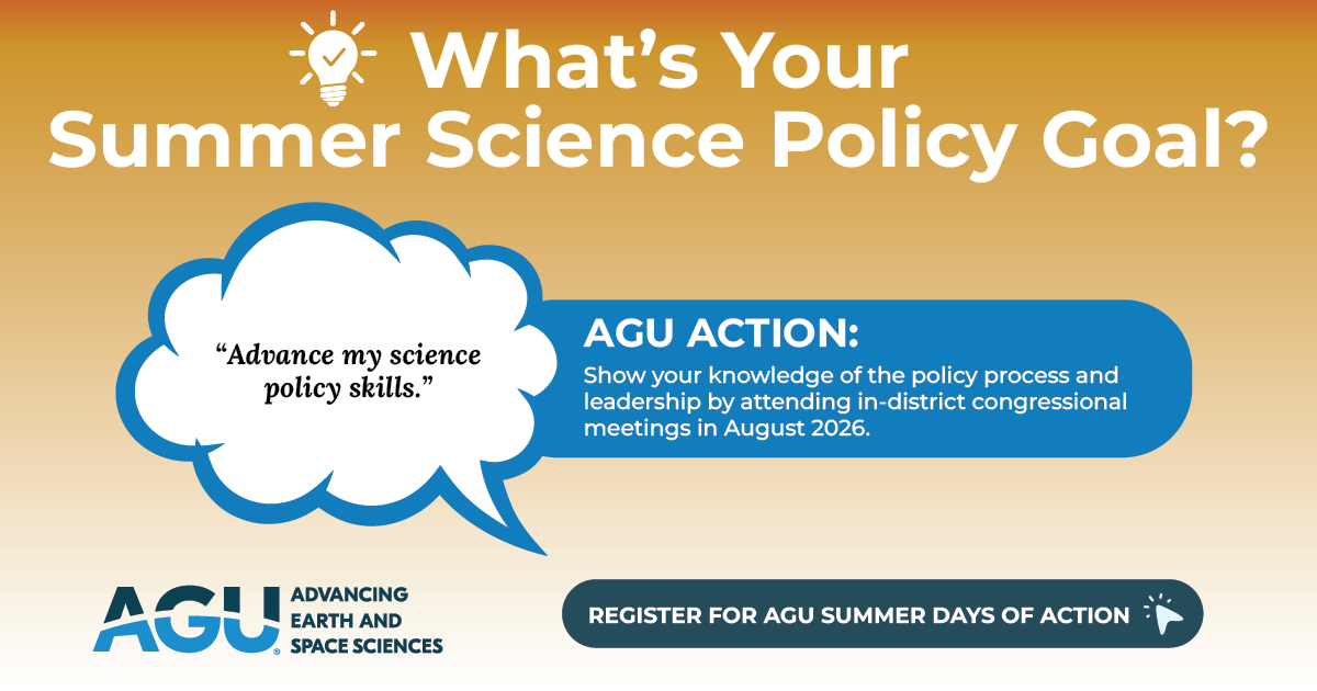 theAGU's tweet photo. Join AGU's Summer Days of Action: Your Roadmap to Scientist Advocacy This Summer! Select your specific science policy goals as you register, and then get immediate access to:

💡Science Policy Webinars
💡Hands-On Advocacy Opportunities 
💡Tailored Election Resources & More

REGISTER TODAY: https://t.co/ccgN1gaszL