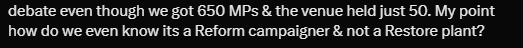 Vermin_Master's tweet photo. @barnack1 @RestoreBritain I should have specified. Although considering how internal reform canvassing suggests 18% to Restore (a significant portion of which would not be voting without restore, fyi) I think my mention of Occam's razor suggesting you being retarded stands. https://t.co/W3QhD2sAln