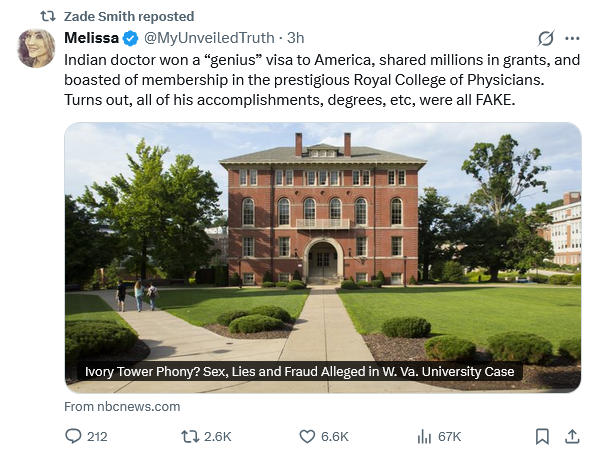 DavidDansker's tweet photo. || He also claimed to have gotten a Ph.D. in epidemiology at Mahatma Gandhi University, where he later claimed to serve as an assistant professor of preventive medicine.  But the institution doesn’t have a department of preventive medicine—or, for that matter, epidemiology.

|| (Neither AIIMS nor Kottayam Medical College responded to queries.  A former professor from Kottayam Medical College, however, recalls teaching Shankar there.) - NBC News

[However, according to a transcript of that teaching encounter, the former professor noted: “I overtook Shankar in the hall kneeling down to address his footwear.  He was having difficulty with the laces, and I instructed him to form the bow first before proceeding with the tie over of the free lace.”] – Couldn’t Resist.