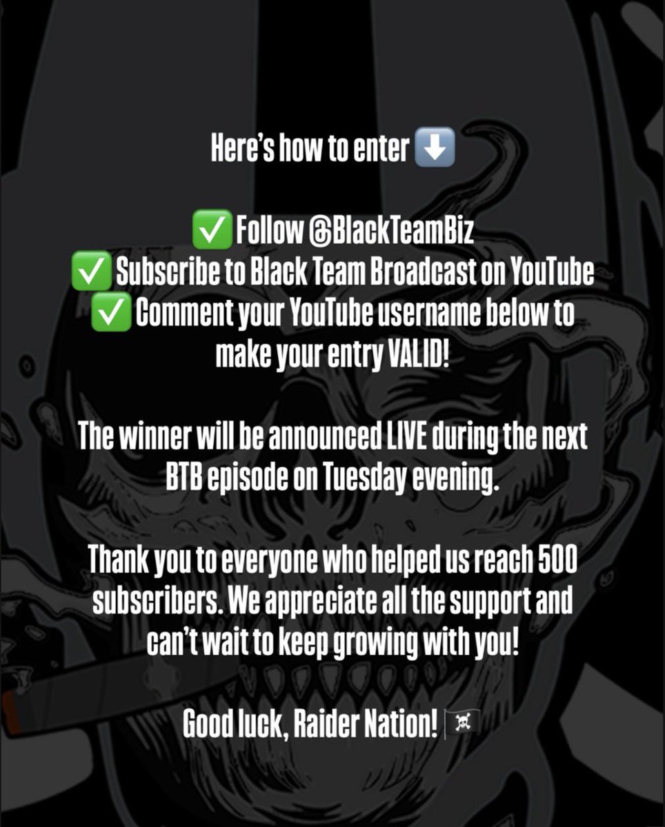 BlackTeamBiz's tweet photo. 🚨 GIVEAWAY ALERT 🚨

As promised #RaiderNation , we’re celebrating hitting 500 subscribers with a Mystery Box Giveaway! 🎉🏴‍☠️ #BTB 

SUBSCRIBE HERE 🏴‍☠️ https://t.co/GmD2Cho949 https://t.co/tuFYDrwEFK