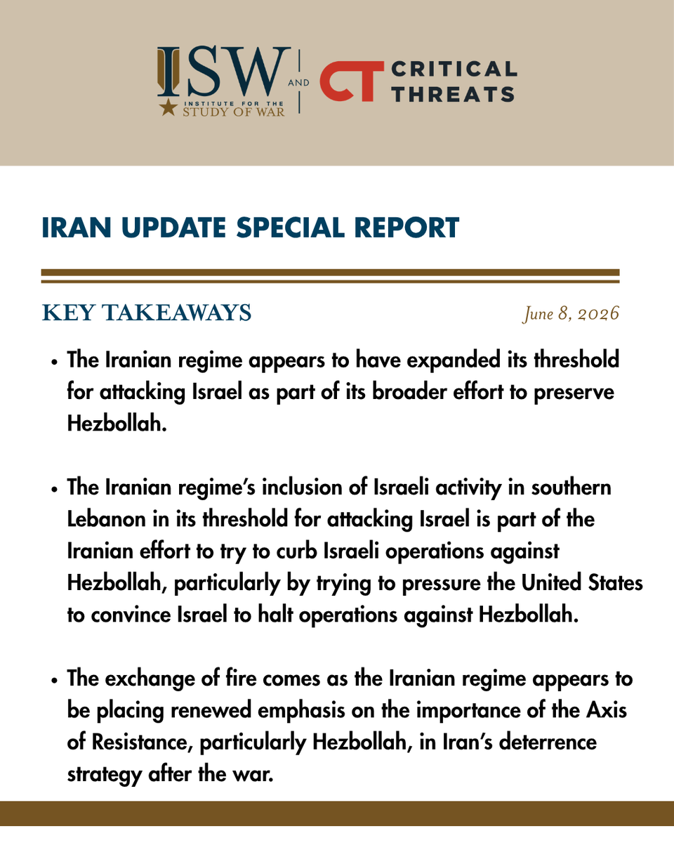 TheStudyofWar's tweet photo. NEW: The Iranian regime appears to have expanded its threshold for attacking Israel as part of its broader effort to preserve Hezbollah. 

The Khatam ol Anbia Central Headquarters announced the “cessation of armed forces operations” against Israel but threatened that Iranian forces would inflict “much more severe and crushing measures” if the Israel Defense Forces (IDF) continues to operate against Hezbollah, including in southern Lebanon. Iranian officials and media have previously only threatened to attack Israel if the IDF struck Beirut. 

The Iranian regime’s inclusion of Israeli activity in southern Lebanon in its threshold for attacking Israel is part of the Iranian effort to try to curb Israeli operations against Hezbollah, particularly by trying to pressure the United States to convince Israel to halt operations against Hezbollah. 

The Khatam ol Anbia Central Headquarters’ announcement followed an exchange of fire between Iran and Israel that began after Hezbollah conducted an attack on northern Israel yesterday. The IDF targeted a first-person view (FPV) drone command headquarters in Beirut after Hezbollah conducted the attack, after which Iranian forces responded by launching missiles at Israel. 

The IDF subsequently conducted two waves of airstrikes against Iran, the first targeting air defense and missile systems and the second targeting sites affiliated with ballistic missile production at the Bandar Imam Petrochemical Complex in Mahshahr, Khuzestan Province. Iran responded by launching additional missiles at Israel. 

The exchange of fire comes as the Iranian regime appears to be placing renewed emphasis on the importance of the Axis of Resistance, particularly Hezbollah, in Iran’s deterrence strategy after the war. A newspaper affiliated with the Supreme Leader’s office argued that Iran will “not hesitate to enter the field and defend the order that it is now seeking to achieve.” The “new status quo” that Iran seeks to create includes a strong Hezbollah and Iranian control over the Strait of Hormuz, among other things.

ISW-CTP will provide further analysis about Iran’s calculus and objectives in its June 8 update.