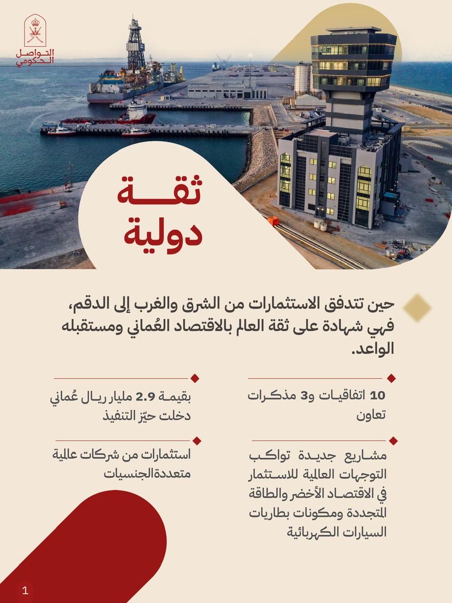 Oman_GC's tweet photo. "الدقم" حراكٌ اقتصادي متسارع يستقطب المستثمرين، ويعزز تنوع الاقتصاد وحيوية المكان.

#التواصل_الحكومي https://t.co/XkSLzn3v7h