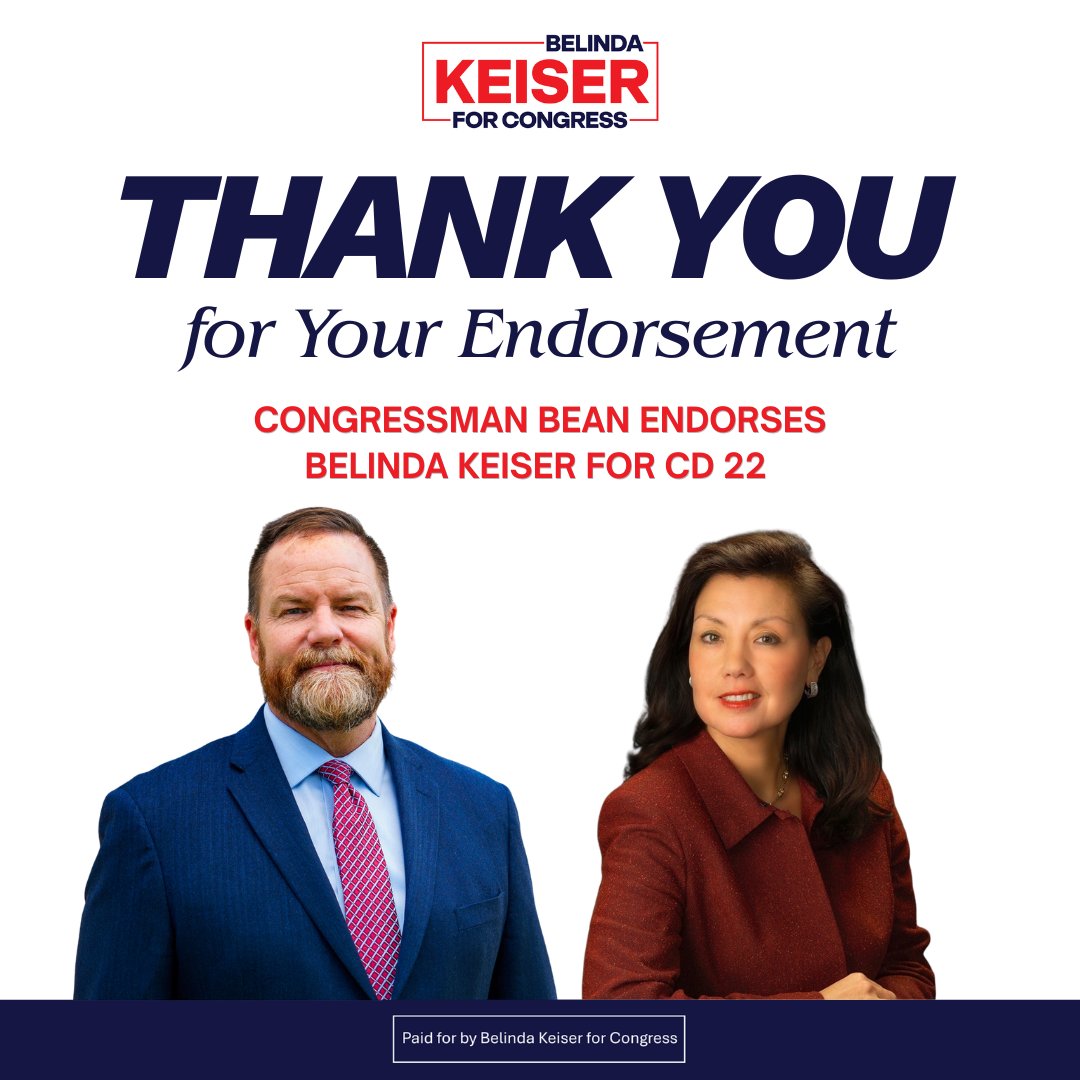 BelindaKeiser's tweet photo. Thank you, Congressman @AaronPBean, for your endorsement of my campaign for Florida’s Congressional District 22! https://t.co/TQJzMEJJDa