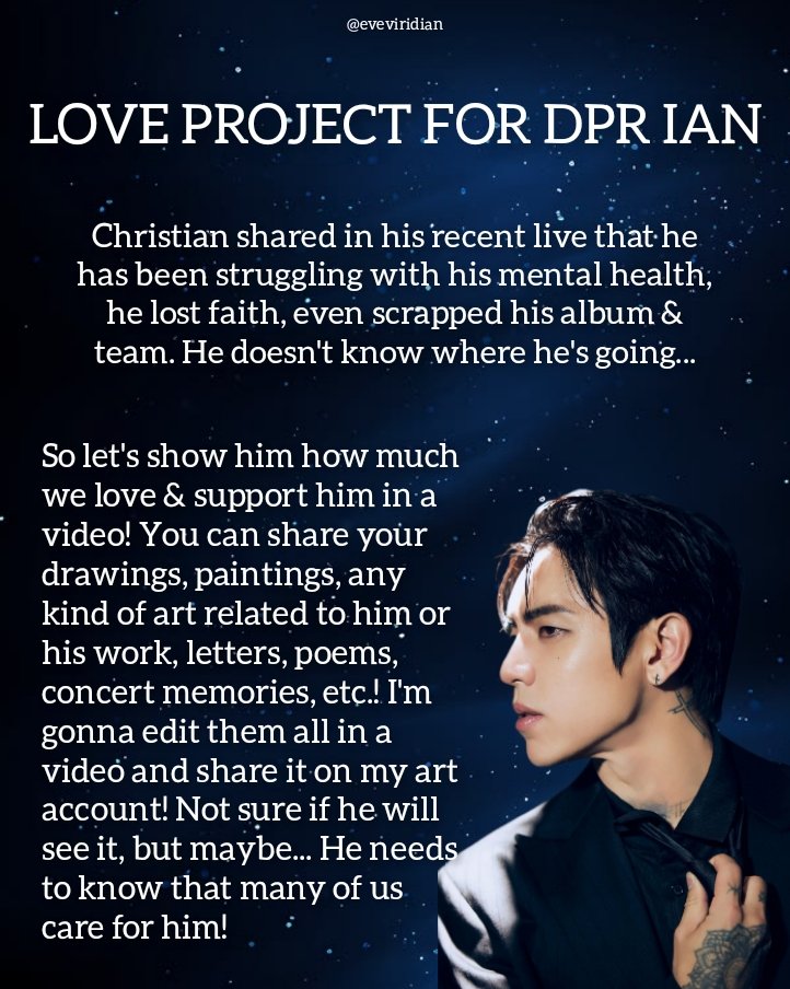 eveviridian's tweet photo. Starting a project for DPR IAN! Reply to this tweet with your works, words, memories, anything you would like to share with him. Let's show him how much we love and care for him! 🥺🖤 Pls share!

#DPRIAN #Dreamers https://t.co/ggyS3RzW7Y