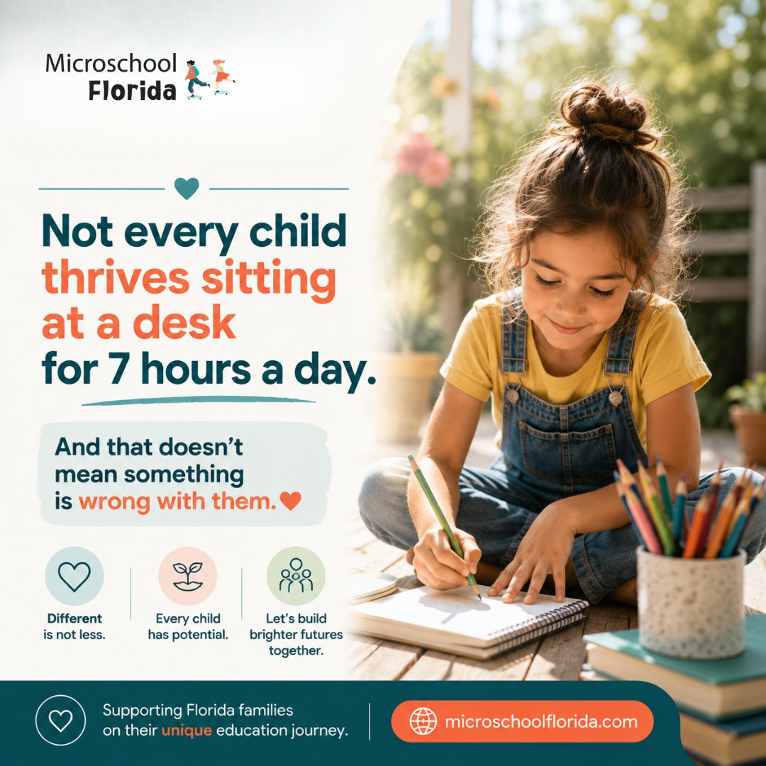 MicroschoolFL's tweet photo. Not every child thrives sitting at a desk for 7 hours a day.
And that doesn’t mean something is wrong with them ❤️
#EducationMatters #DifferentLearners #MicroschoolFlorida
#microschool https://t.co/a1CYkCBVhl