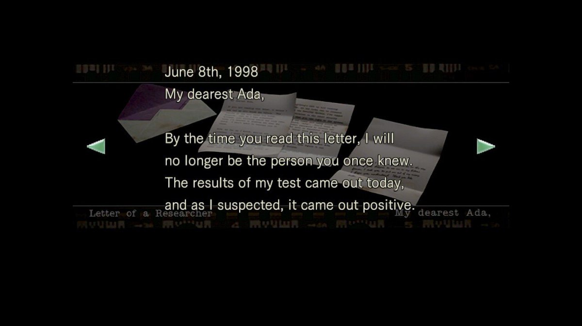 rdrcowgirl's tweet photo. in the first resident evil game, you can find a letter addressed to 'My dearest Ada' that was written by an umbrella researcher. this letter serves as the password to a computer in order to access the main areas within the laboratory, making it the first ever mention of ada wong. https://t.co/lvBGUGfZpi
