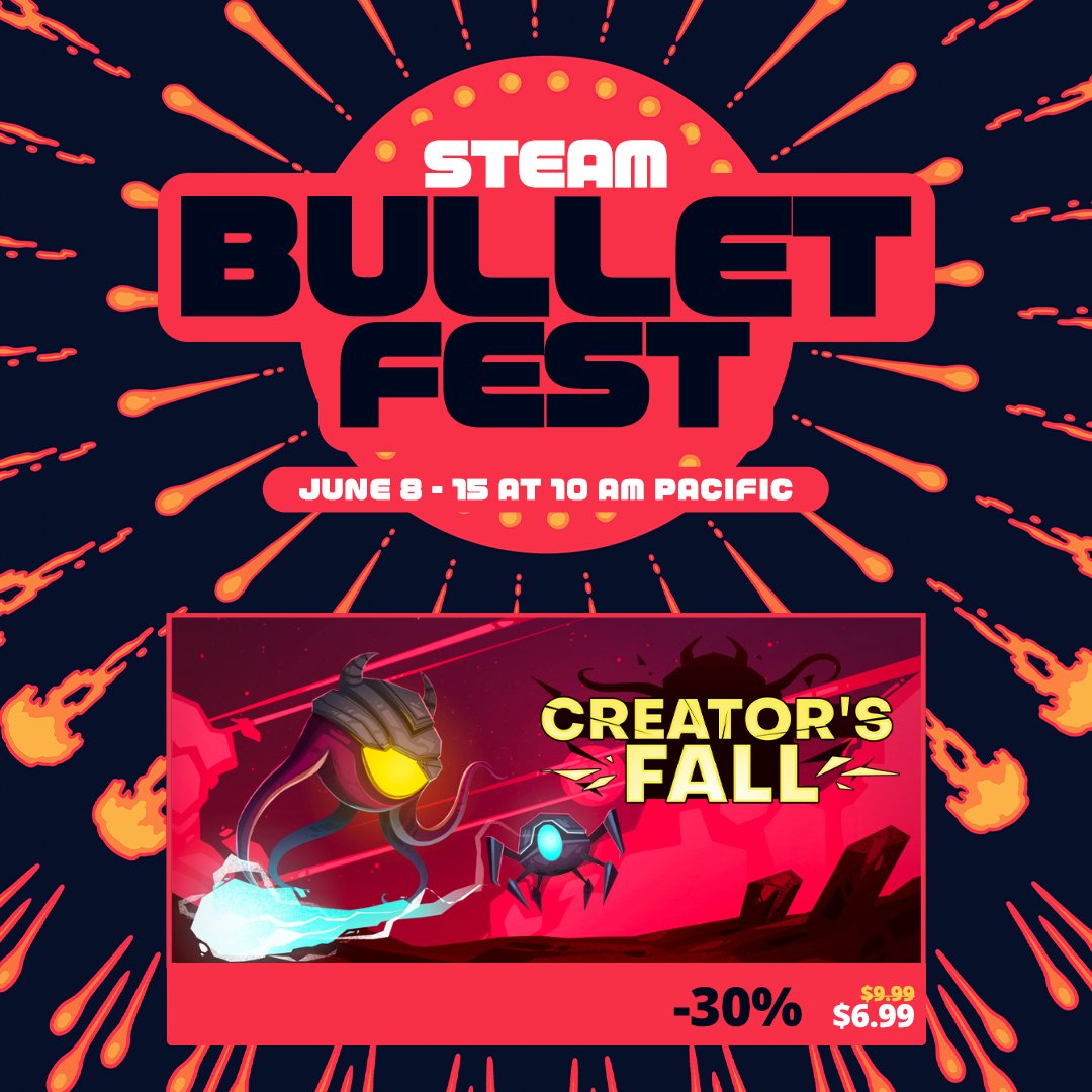 baroxxtech's tweet photo. Steam Bullet Fest is live 💥

Creator’s Fall is part of the event with a discount and bundle options.

Fast-paced action roguelike runs with solo, co-op, and PvP modes.

#roguelike #ActionRoguelike #indiegame https://t.co/tAicp0u00p