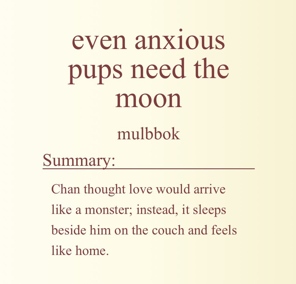 143RCHA's tweet photo. even anxious pups need the moon

⏾ chnlx 🐺/🐥
⏾ 1.8k | rated G
⏾ hurt/comfort, introspection, relationship study

🔗 https://t.co/aN9O1n4g4Y https://t.co/l2KmbIcNre