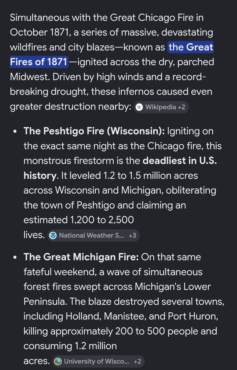 lefty_q's tweet photo. @LampsOfValar https://t.co/3mnTWJ7HvT
The Great Peshtigo Fire 
https://t.co/2nsDno8u2B
The Great Michigan Fire
All 3 Fires burned the same time. https://t.co/5kbeY2Yn40