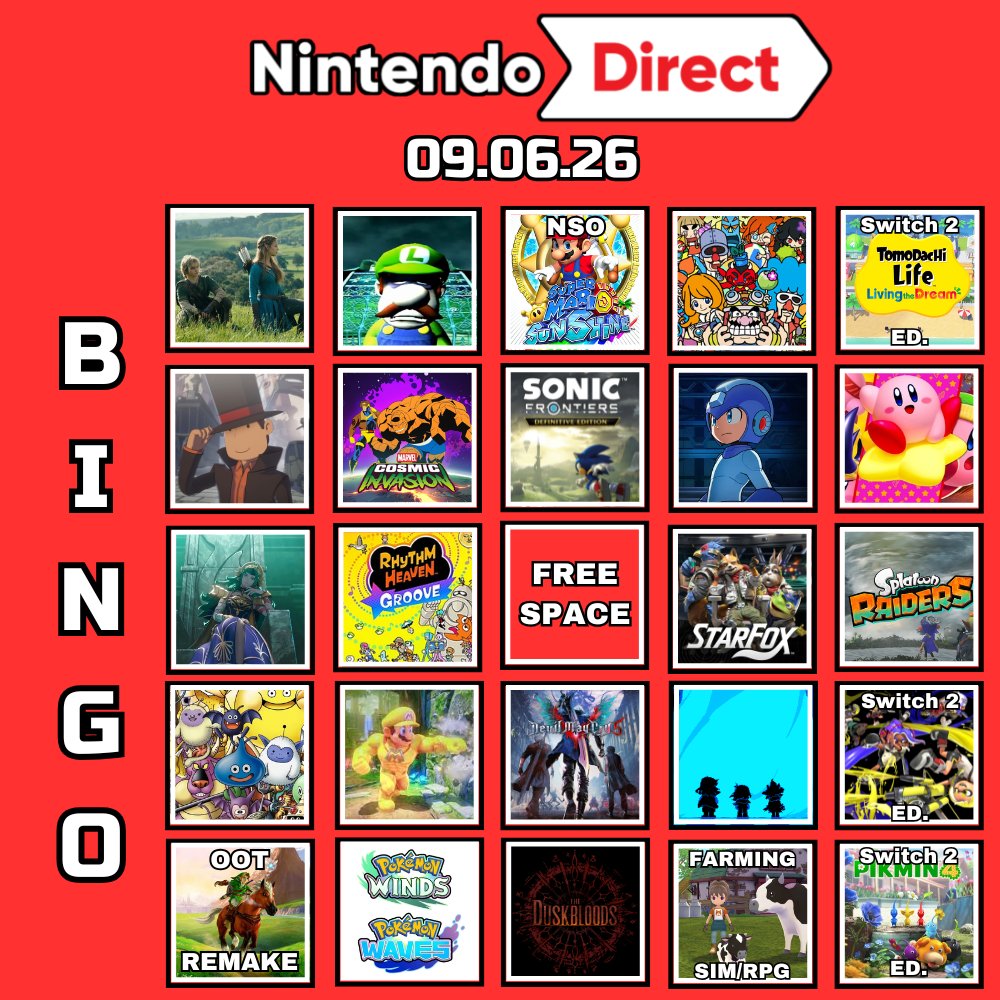 ExtraZoneArcade's tweet photo. Got my Nintendo Direct Bingo ready to go! Pretty confident we'll hit at least ONE bingo tomorrow

(Had to throw in some hopium picks too, I know Nintendo will clutch up in some way) https://t.co/cpoAycx4RR
