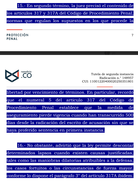 Ronaldsanabria1's tweet photo. LA INCAPACIDAD MÉDICA DE LOS JUECES CONSTITUYE FUERZA MAYOR Y SUSPENDE EL CONTEO PARA LA LIBERTAD POR VENCIMIENTO DE TÉRMINOS
STP16886-2025

Consulte el análisis: https://t.co/1HqfTECSVu

La Corte Suprema estudió un caso en el que dos personas pedían quedar en libertad porque, según su defensa, ya habían pasado más de 500 días desde la acusación sin que existiera sentencia. En Colombia, cuando ese plazo se supera, la ley permite solicitar la libertad por vencimiento de términos.

Sin embargo, el punto clave del caso estuvo en determinar si todo el tiempo transcurrido debía contarse o si existían periodos que legalmente podían excluirse. La Corte concluyó que sí había lapsos que no podían sumarse al conteo, especialmente el tiempo en que la jueza encargada del proceso estuvo incapacitada y posteriormente falleció.

¿Por qué esto fue tan importante? Porque la defensa sostenía que ese retraso hacía parte de la mora judicial y que, por tanto, debía beneficiar a los procesados. Pero la Corte explicó que no toda demora significa que el Estado esté actuando negligentemente. Hay situaciones extraordinarias e imprevisibles que paralizan un proceso y que la ley considera casos de fuerza mayor.

En este caso, la jueza del proceso estuvo incapacitada médicamente desde julio de 2024 y después falleció. Eso obligó a realizar trámites administrativos para nombrar un nuevo juez. Durante ese tiempo el proceso prácticamente no podía avanzar de manera normal. Por esa razón, la Corte entendió que esos días no podían contabilizarse dentro del plazo de los 500 días.

Esa decisión tuvo un efecto directo en el resultado del caso. Si se contaban todos los días, los procesados podían recuperar la libertad. Pero al descontar el tiempo correspondiente a la incapacidad y fallecimiento de la jueza, el término final quedó en 476 días, es decir, por debajo del límite legal. Por eso la libertad por vencimiento de términos fue revocada.

La enseñanza principal de esta decisión es sencilla: la Corte Suprema dijo que la incapacidad médica y el fallecimiento de un juez pueden suspender el conteo para la libertad por vencimiento de términos, porque se trata de hechos extraordinarios que no dependen de la voluntad de la administración de justicia.
