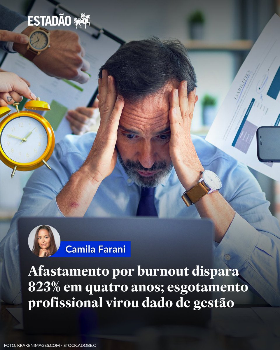 Estadao's tweet photo. OPINIÃO | Camila Farani: Afastamento por burnout dispara 823% em quatro anos; esgotamento profissional virou dado de gestão -> https://t.co/gSz8r727Th

Ignorar isso agora não é descuido de RH; é decisão estratégica com consequência no resultado https://t.co/WyZT7YNYpn
