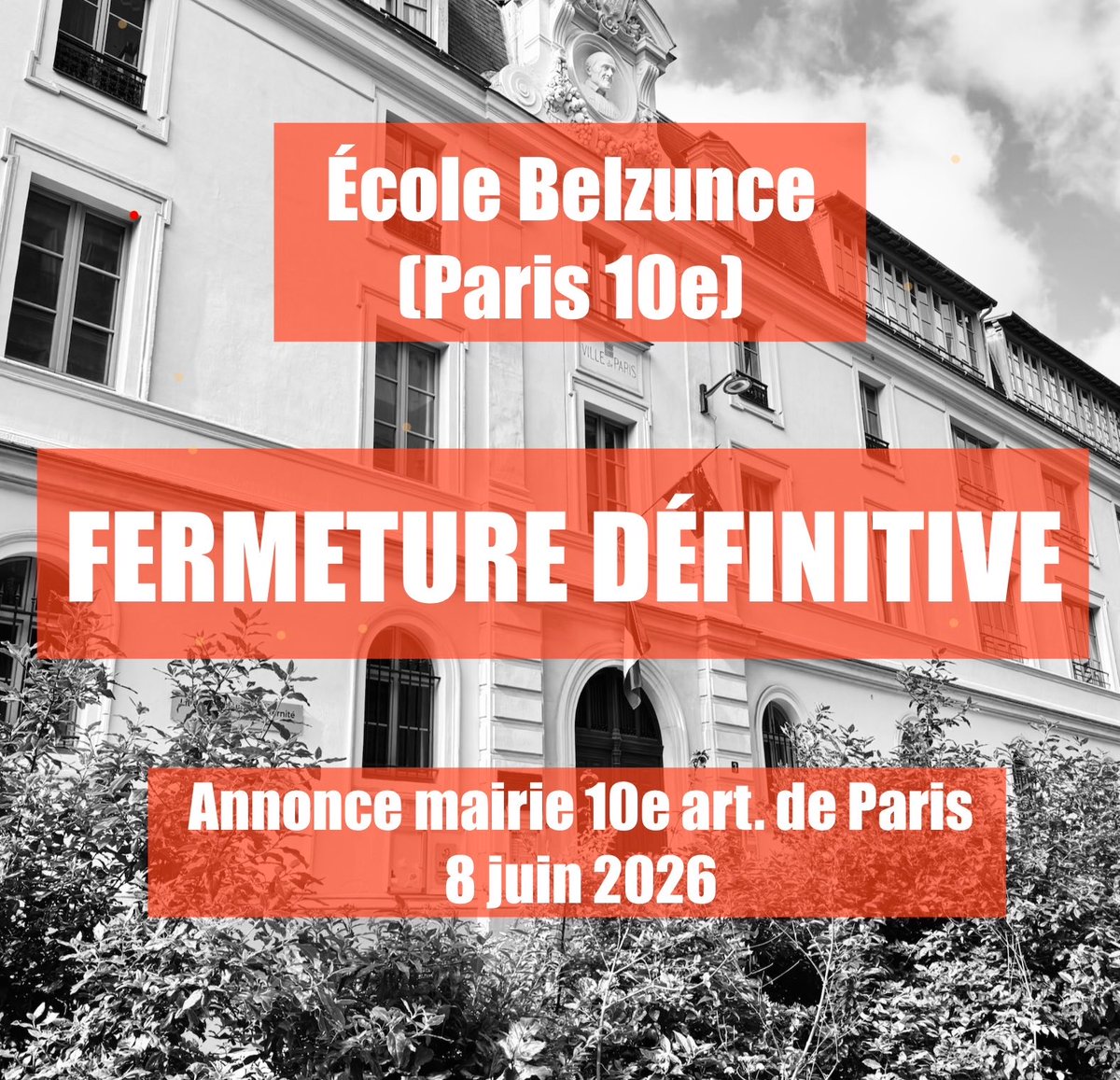 BertilFort's tweet photo. En avril 2025, j’annonçais que la mairie préparait la fermeture de l’école #Belzunce dans le 10e.

C’est désormais officiel…il aura fallu attendre la fin des élections municipales pour qu’A. Cordebard, maire du 10e, annonce ce soir aux parents d’élèves la fermeture définitive de l’établissement.

Les enfants de Belzunce auront donc tout subi : une école polluée, une erreur du prestataire de la ville de Paris chargé de la décontamination ayant entraîné une évacuation d’urgence, puis des déménagements successifs.

Résultat : 565 000 € dépensés pour la décontamination, une école qui ferme définitivement, et une nouvelle carte scolaire qui éloignera encore davantage les écoles publiques des habitants du nord-ouest de l’arrondissement.

Je resterai particulièrement vigilant sur les conséquences de cette décision pour les familles concernées.

#improvisation #amateurisme