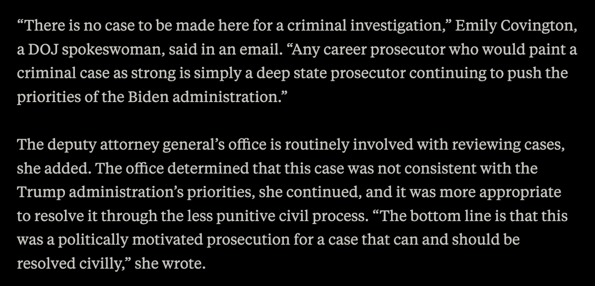 mtredden's tweet photo. Killing a case this early, before the evidence is clear, is extremely unusual. “I’ve never heard of that happening before,” said one former prosecutor.

The case even had sign-off from a Trump-chosen US Attorney. But a DOJ spokesperson dismissed critics as “deep state” members. https://t.co/GppJpbQxkS