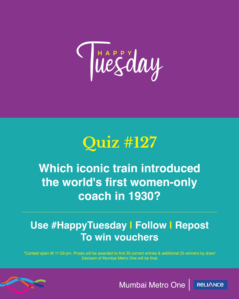 MumbaiMetro01's tweet photo. #HappyTuesday quiz is here! 

The 127th edition is about one of the best premium trains on the Mumbai Pune route with a dinning car.

Prizes will be awarded to 50 winners, the first 25 correct entries, and an additional 25 winners by draw.

Follow, Repost and Use #HappyTuesday (all mandatory) to win. 

#ContestAlert #Giveaways #Voucher #MumbaiMetro