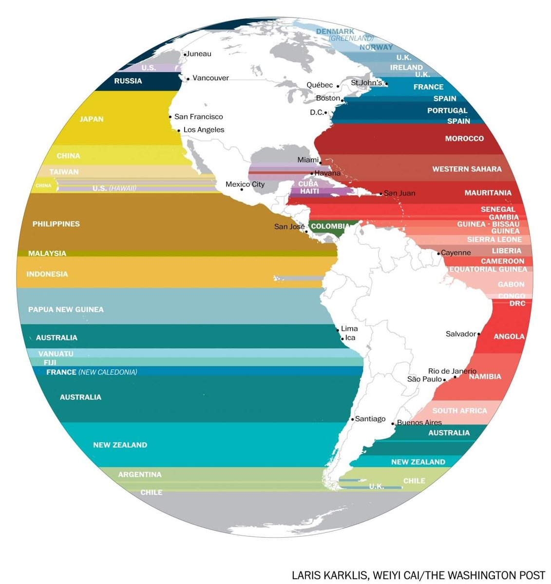 infobeautiful's tweet photo. Which country is across the ocean? Latitude map by @washingtonpost https://t.co/vQABnZZb3t