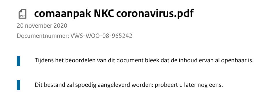 Transparangst's tweet photo. Kijk nou hoe VWS #wobstructie pleegt!

Dit document komt uit een Woo-besluit van 10 augustus. 

2025? Nee
2024? Nee
2023? Nee

10 augustus 2022! 

En dan staat er nu nog steeds dat dit bestand spoedig aangeleverd wordt. 

Ook een manier om je verplichting te ontlopen om documenten daadwerkelijk aan te reiken!
