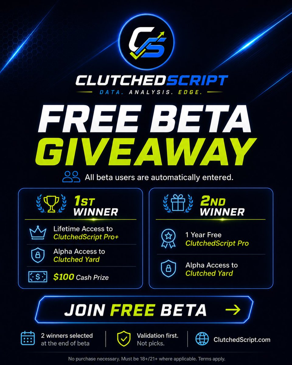 ClutchedScript's tweet photo. 🚨 All ClutchedScript beta users are automatically entered to win:

🏆 Lifetime ClutchedScript Pro+
🏈 Alpha Access to Clutched Yard
💵 $100 Cash Prize

2 winners selected at the end of beta.

1st: Lifetime Pro+ + Alpha Access + $100
2nd: 1 Year Pro + Alpha Access

Join Free Beta: https://t.co/bpAQdHBgNa

Research. Validate. Bet smarter.