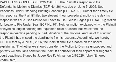 sfoguj's tweet photo. In the slowly growing trend for even Rump-appointed judges to hold him to account, Judge Roy K. Altman orders him to SHOW CAUSE why he blew off a filing deadline. https://t.co/t3mwGlHcQP