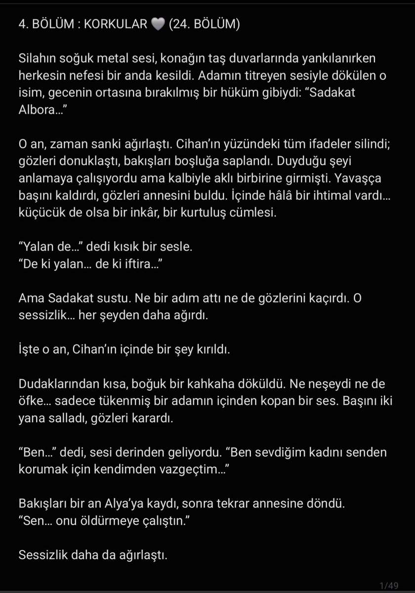 Elyndrax_'s tweet photo. 4. BÖLÜM - KORKULAR
" Ya da Alya'ya yaptıklarını bire bir annenize yaparım tek fark anneninizin tabutuyla o konağa dönüşü olur! Karar senin Cihan Albora! Alya için; "ne ölün ölüme ne dirin dirime" diyordun. Annen için aynısını diyebilecek misin? Görelim!
#UzakŞehir #CihAlFic https://t.co/zpcL866DOb