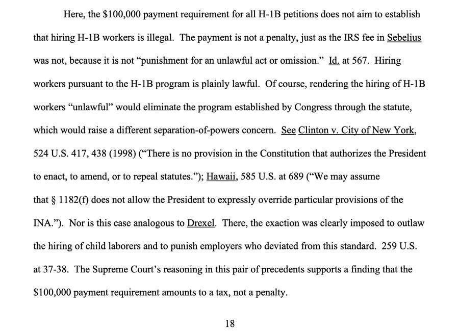 Gianl1974's tweet photo. 🚨 JUST IN: A federal judge has struck down Donald Trump’s controversial $100,000 H-1B visa fee, ruling that the regime lacked the authority to impose it and that the fee amounted to an unauthorized tax on businesses.

The ruling rejects the Trump administration’s attempt to impose a massive new cost on companies seeking to hire skilled foreign workers and declares the policy unlawful in its entirety. The judge ordered the policy VACATED, meaning it cannot remain in effect.

Yet another major Trump policy has now been tossed by the courts.