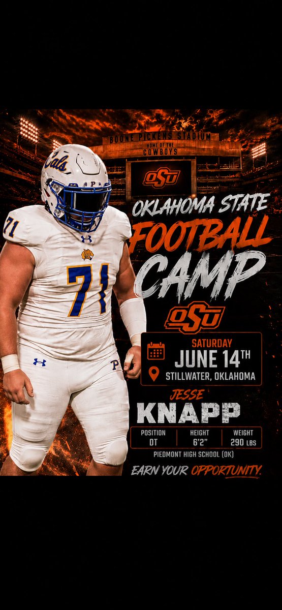 JesseKnapp71's tweet photo. 🚨 BIG MAN WORK IN STILLWATER 🚨

Excited to compete at the Oklahoma State Football Camp.Looking forward to competing against top talent, learning from great coaches, and earning an opportunity to play at the next level.

#GoPokes #OKStateFootball #DefensiveTackle #TrenchMob https://t.co/Mivabfv9Vz