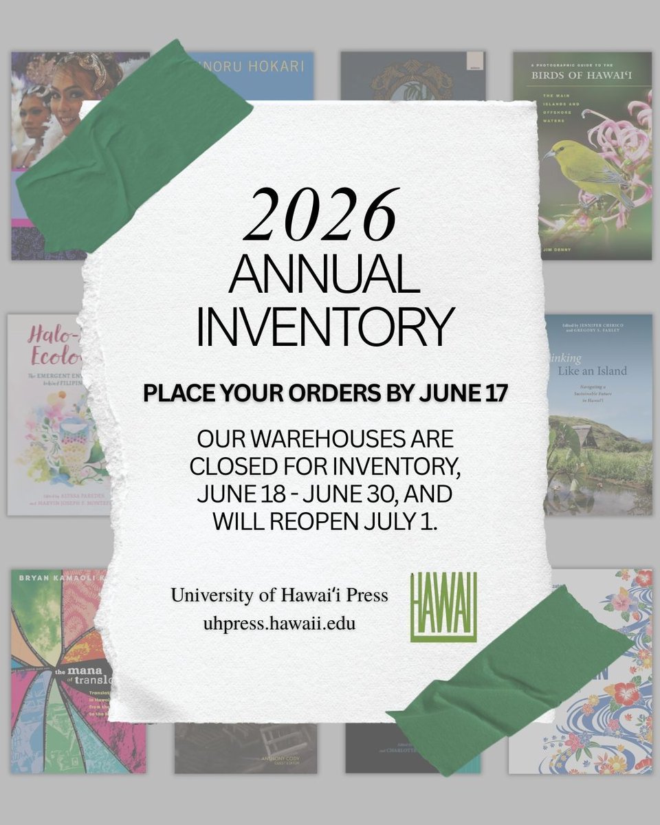 UHPRESSNEWS's tweet photo. Our warehouses will close for annual inventory from June 18 through June 30, and will reopen July 1. The deadline to order on our website is Wednesday, June 17 before midnight, HST. In the meantime, browsing and the wishlist option will remain in place. Mahalo for your patience! https://t.co/RIh0RZzZxG