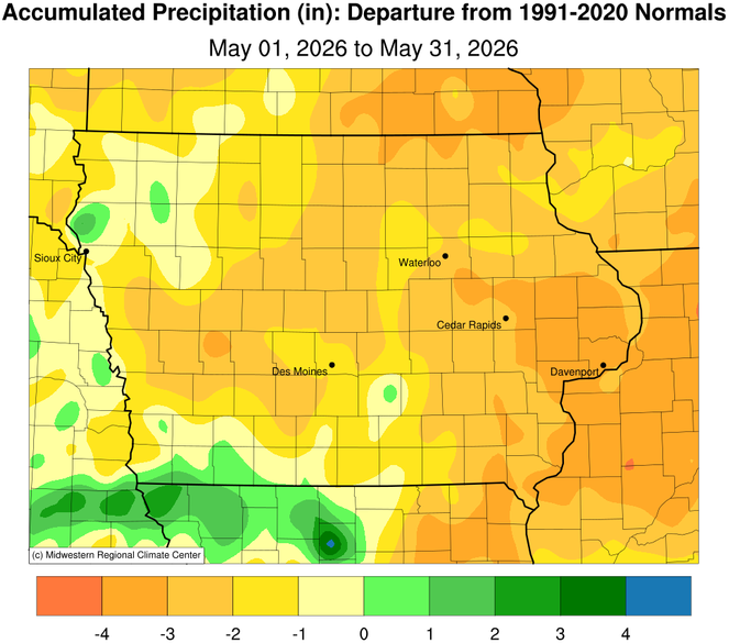 JustinMGlisan's tweet photo. May 2026 Precip. Summary: #IA's average precipitation was 2.88", 1.96" below normal. This ranks as the 35th driest on record; 2025 was drier. (2/2) #IowaClimate #IowaAg #Grow26 https://t.co/4vS5j5Gc4X
