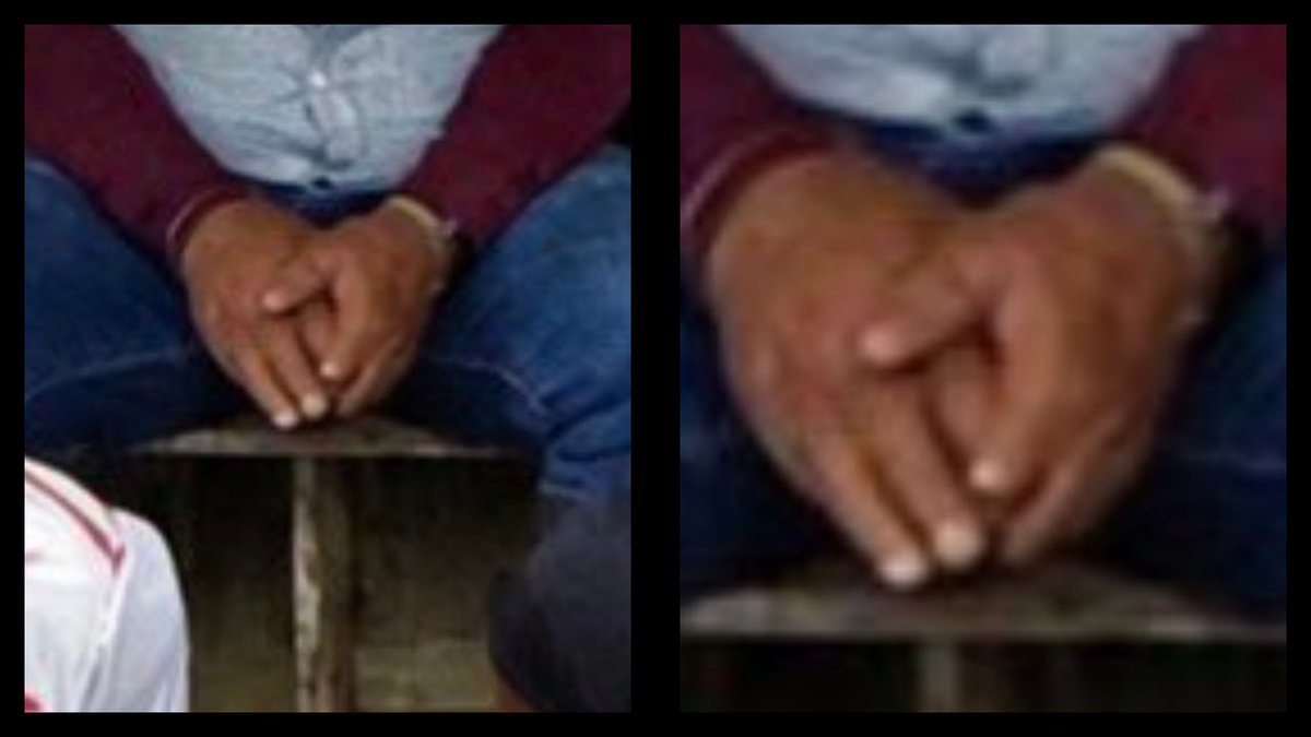 Israelalvarezfx's tweet photo. @CaracolMedellin Aquí están todas las irregularidades que hemos encontrado en esta imagen FALSA en los diferentes medios que la han compartido.  😡😡 Brazalete del supuesto "guerrillero", camiseta y cara de la señora de blanco, manos que no tienen dedos del señor del centro. https://t.co/67Y5xzhTF1