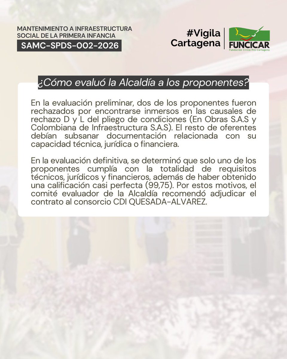 funcicar's tweet photo. #VigilaCartagena | La Alcaldía adjudicó las obras de adecuación a Centros de Desarrollo Infantil por $1.653 millones.

El contrato fue otorgado al Consorcio CDI Quesada-Álvarez, el único de los 9 proponentes que cumplió con todos los requisitos técnicos, jurídicos y financieros. https://t.co/pSy6XoQaGF