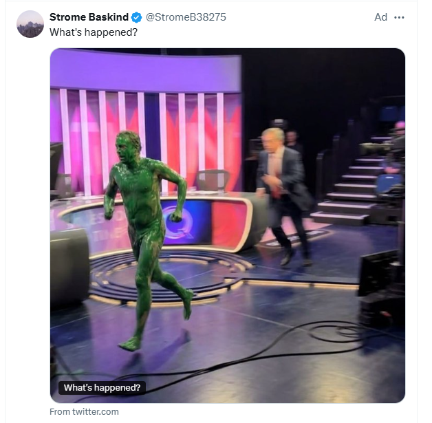 RJSHutton's tweet photo. Among all the weird AI scam adverts of Farage on Question Time, I'm quite intrigued as to what might have been gong on with this one: https://t.co/2AwKRkNtxx