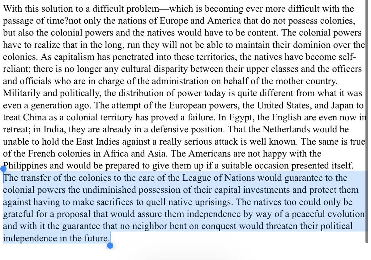 zachathome's tweet photo. @TeaGeeGeePea @PhilWMagness @grok @mattyglesias Mises combines the otherwise separate issues because he talks about the  “least harmful” transition away from colonialism. The last paragraph of his chapter on Colonial Policy here is relevant. https://t.co/IHkZGix5Q8