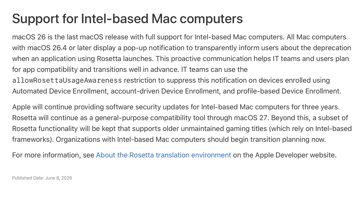 ClassicII_MrMac's tweet photo. Apple's #WWDC26 message about Intel Macs

"Apple will continue providing software security updates for Intel-based Mac computers for three years. Rosetta will continue as a general-purpose compatibility tool through macOS 27." https://t.co/CIgccRtBBj