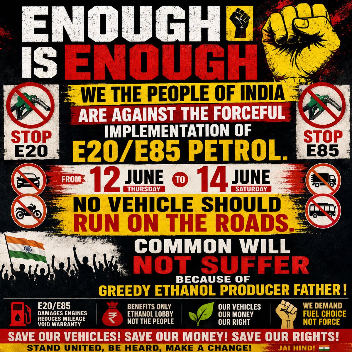 himanshu31_'s tweet photo. 📢 Nationwide Vehicle Strike | 12–14 June

🚫 Keep private vehicles off the roads.

Demand:
• Roll back E20/E85 implementation
• Alternative fuel for non-compliant vehicles
• No isobutanol in diesel ⛽️ 

🇮🇳 Save our vehicles, money &amp; rights. ✊ https://t.co/g4Z5XvOSSf