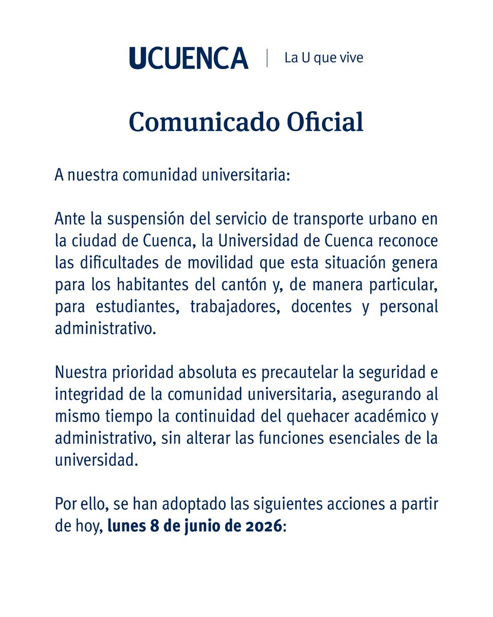 udecuenca's tweet photo. 📢 #ATENCIÓN | Ante la suspensión del transporte urbano en Cuenca, la @UCuenca ha tomado medidas para garantizar la seguridad de la comunidad y la continuidad de las actividades.
Conoce las acciones adoptadas y mantente informado solo por canales oficiales. 👇 https://t.co/mIozbbI0S2