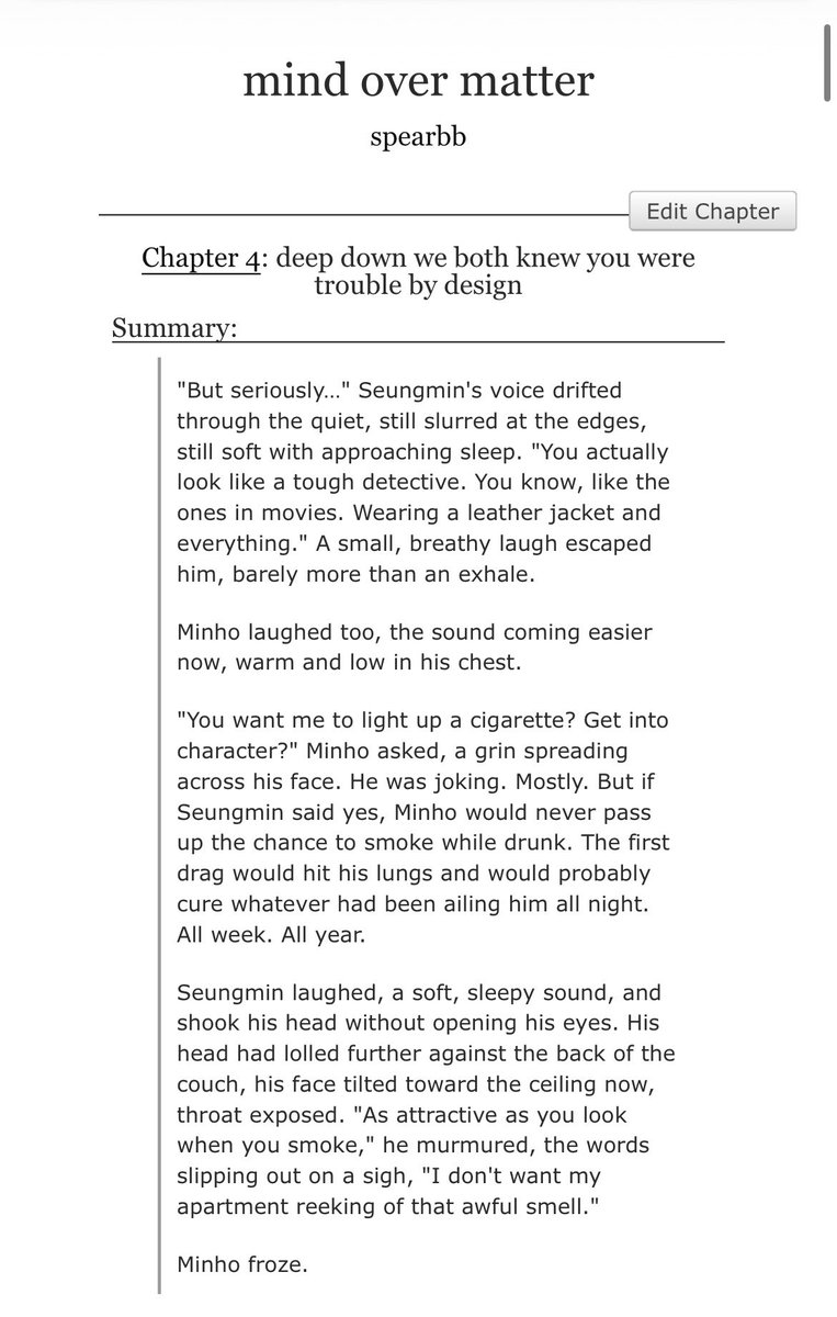 spear__bb's tweet photo. mind over matter 
chapter 4
📻 2min 
📻 57.5k words 
📻 ongoing (chapter 4/18)
📻 explicit 
📻 detective au!; heavy angst; graphic descriptions of violence; emotional hurt; more tags to be added later
📻 link: https://t.co/35XdgQ1pRi https://t.co/yY8lAzaGPg