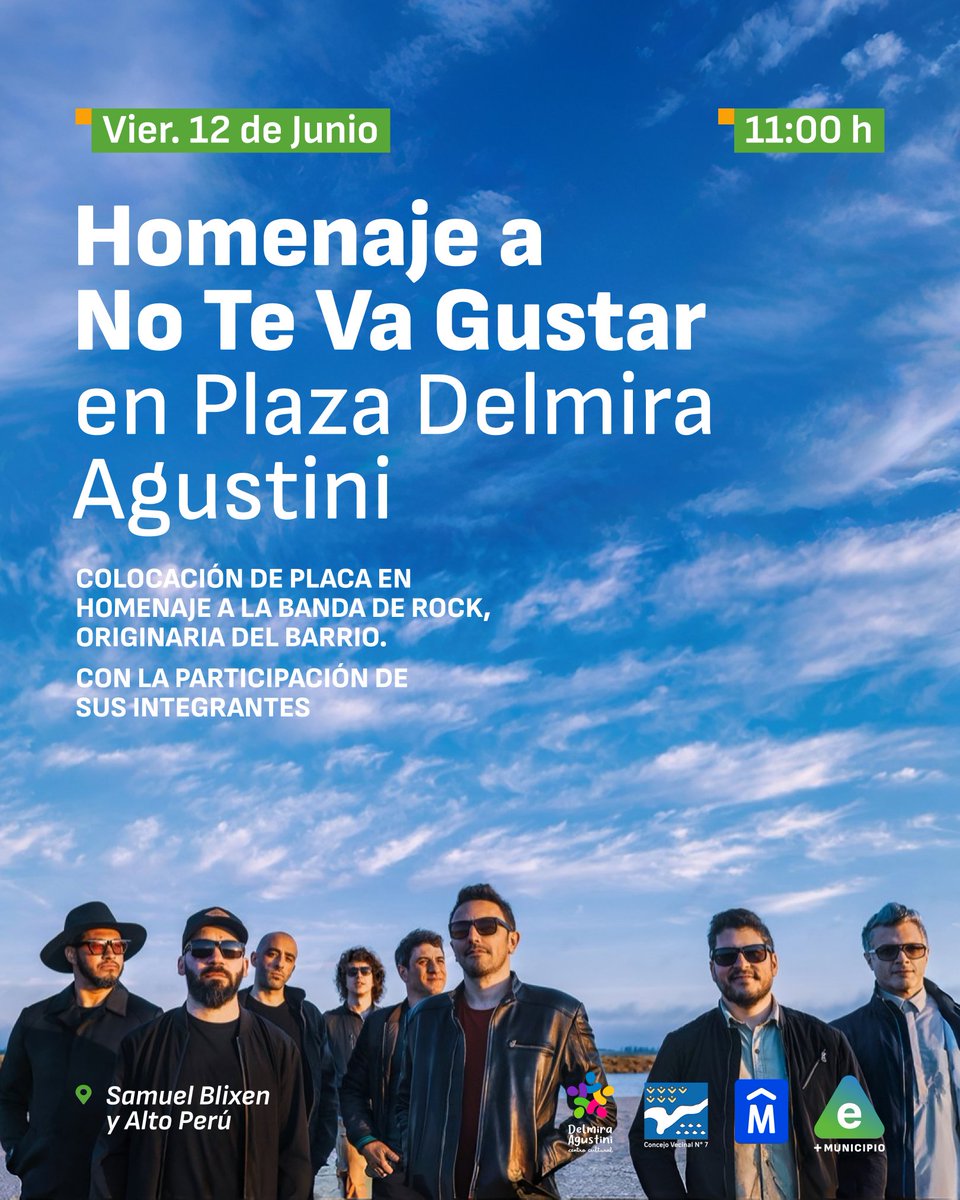MunicipioE's tweet photo. 🎸 Homenajeamos a una de las bandas más emblemáticas de la música uruguaya.

El próximo 12 de junio se realizará la colocación de una placa en reconocimiento a No Te Va Gustar, banda originaria de Malvín y parte fundamental de la cultura musical del país.

Los esperamos 🎶💚 https://t.co/uXKl0iqDTa