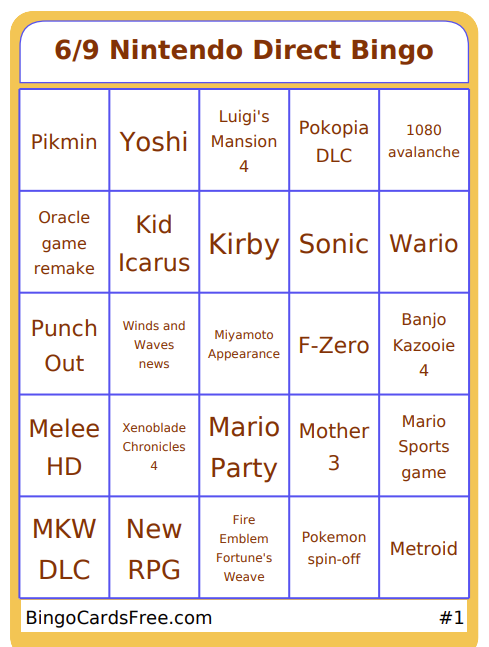 Fryabetic's tweet photo. My 6/9 Nintendo Direct Bingo https://t.co/CFn78DkyxQ