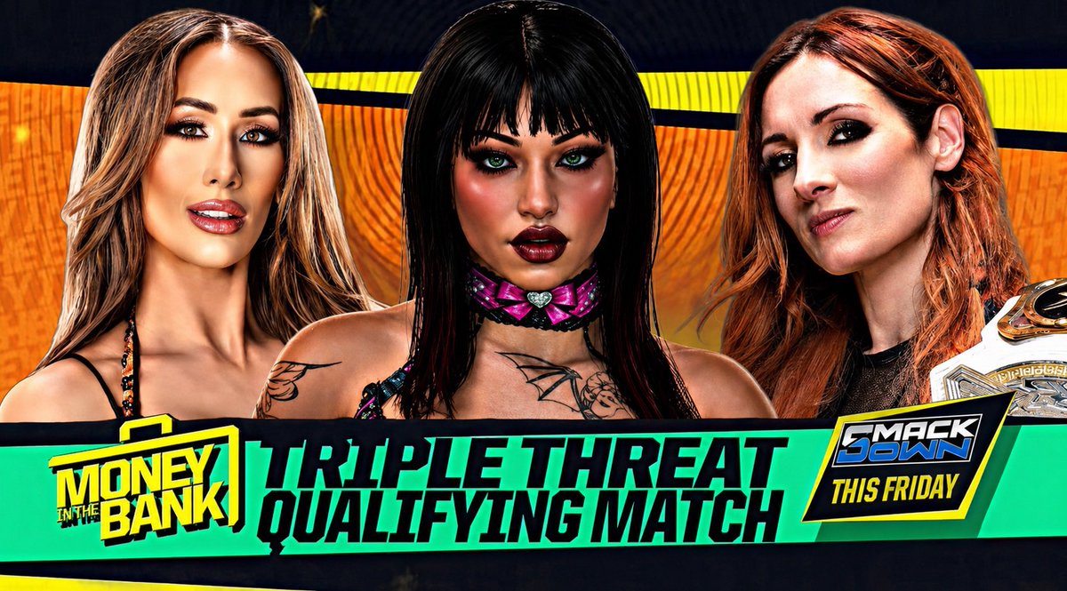 Oomfiverse's tweet photo. 🔵: Carmella, Jade Knight, &amp; Undisputed Women’s Tag Team Champion Becky Lynch collide in a SmackDown Women’s Money In The Bank Triple Threat Qualifying Match to punch her ticket to Los Angeles!

(@crynxtor, @ItsJadeKnight, @RoseOfOnychinus) https://t.co/Lm1R8UY7gl