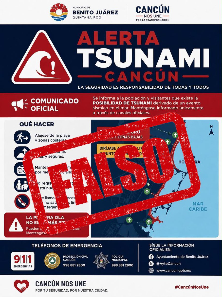 AytoCancun's tweet photo. 🌊 Exhortamos a la ciudadanía a no difundir información no verificada y mantenerse atenta únicamente a los comunicados emitidos a través de los canales oficiales de las autoridades competentes, donde se dará a conocer cualquier actualización de manera oportuna y responsable. https://t.co/NYn5ixxfSt