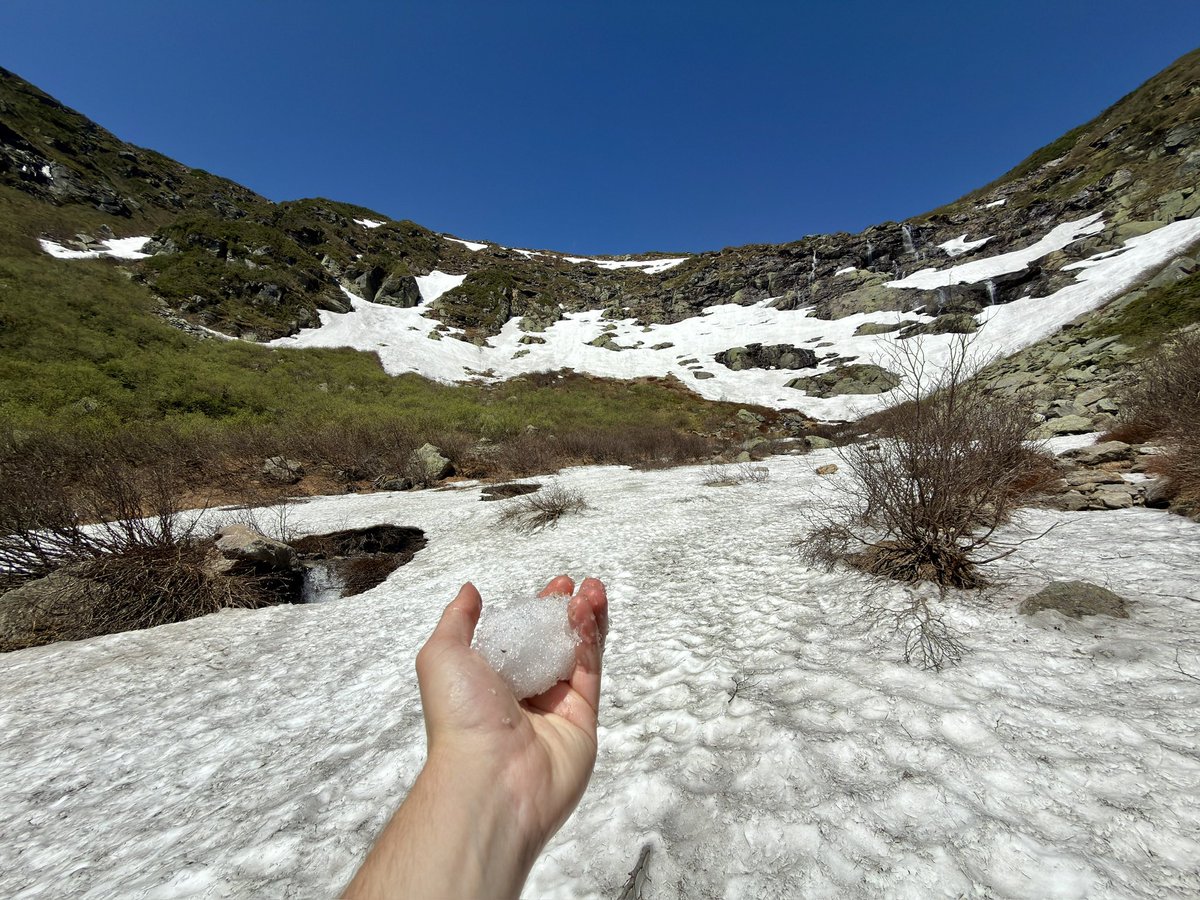 MattHoenigWx's tweet photo. June in New Hampshire: Cold waterfalls, fresh leaves, and quite the snow patch hanging on in Tuckerman Ravine https://t.co/1IO5eOLPEd